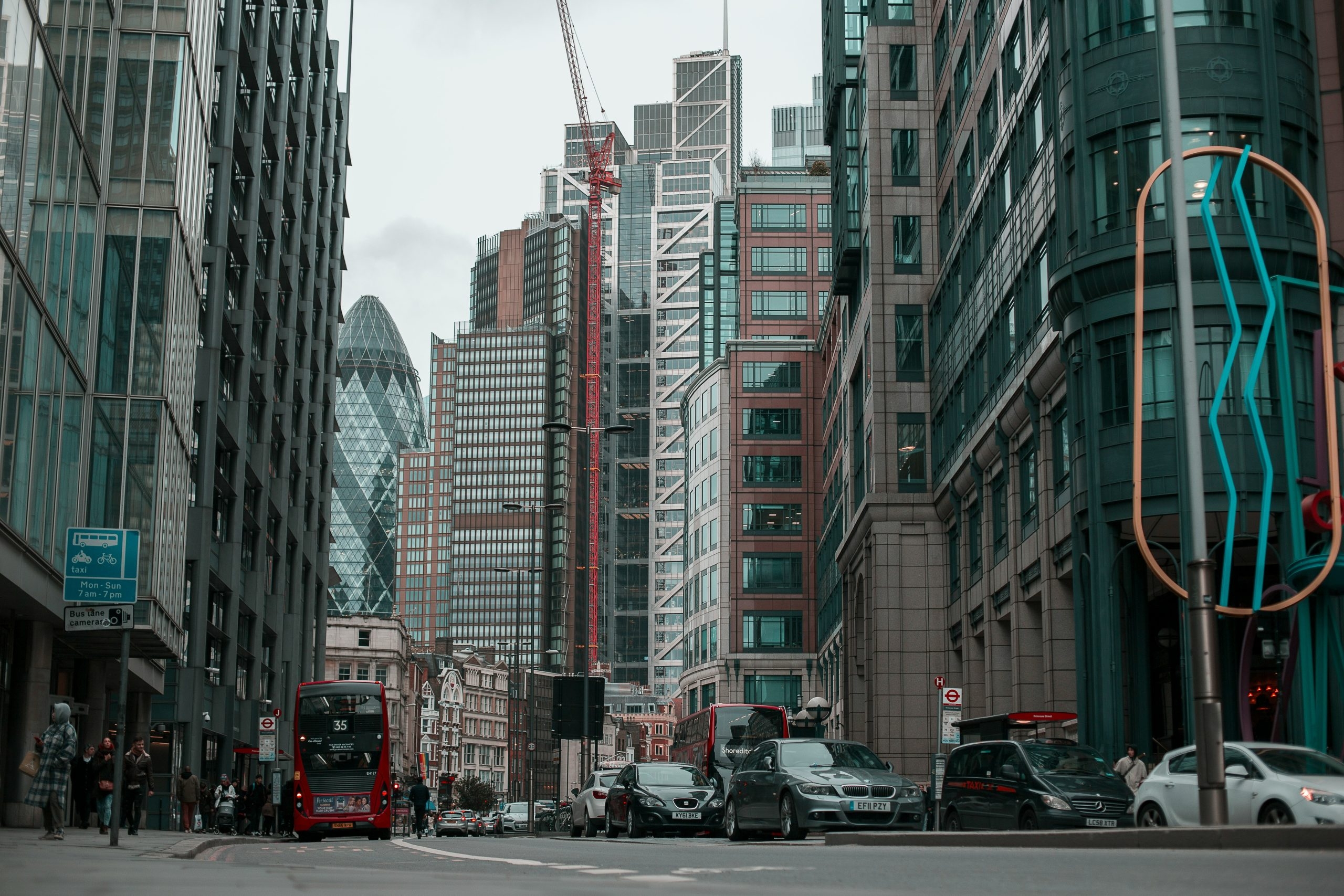 Photo of Liverpool Street in London with lots of skyscrapers in the background